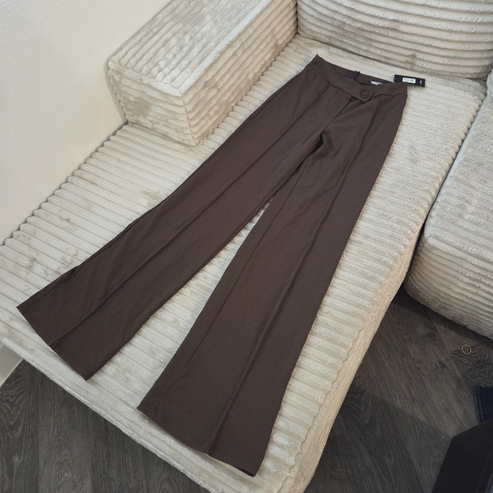 Fashion Nova Womens Brown Flared Dress Pants L Stretch Knit Button Zip